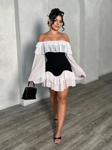 Dayanna Comas Gaun Mini Chiffon Lengan Mengembang Berenda dengan Detail Ruffle di Bahu, Motif Patchwork Hitam Putih untuk Wanita Ukuran Plus, Gaun Pesta Ulang Tahun Musim Panas yang Elegan dan Pas Badan - MultiWarna - View 1