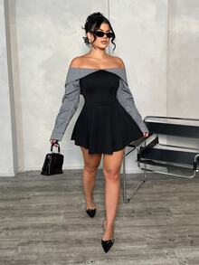 Dayanna Comas Women's Autumn/Winter Collegiate Style Minimalist Bardot Ruched Waist Contrast Color Mini Dress, Figure-Flattering - Black - View 6