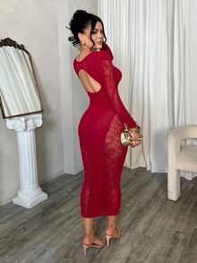Dayanna Comas Đầm ôm body tay dài khoét sâu gợi cảm phối ren trơn màu dành cho nữ - Màu Đỏ Sâu - Xem 2