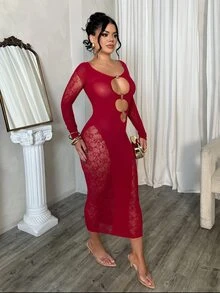 Dayanna Comas Đầm ôm body tay dài khoét sâu gợi cảm phối ren trơn màu dành cho nữ - Màu Đỏ Sâu - Xem 5