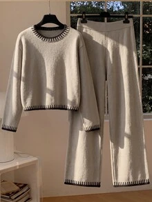 SHEIN طقم محبوك أنيق باللون البني للفتيات المراهقات، كنزة وبنطلون بتصميم كتل لونية سوداء للعودة إلى المدرسة في فصل الخريف، 2 قطعة/طقم للأطفال - كاكي - مشاهدة 9