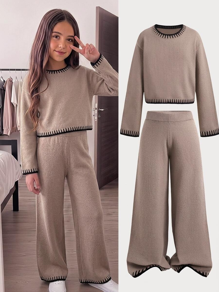 SHEIN طقم محبوك أنيق باللون البني للفتيات المراهقات، كنزة وبنطلون بتصميم كتل لونية سوداء للعودة إلى المدرسة في فصل الخريف، 2 قطعة/طقم للأطفال - كاكي - مشاهدة 1