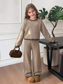 SHEIN طقم محبوك أنيق باللون البني للفتيات المراهقات، كنزة وبنطلون بتصميم كتل لونية سوداء للعودة إلى المدرسة في فصل الخريف، 2 قطعة/طقم للأطفال - كاكي - مشاهدة 10
