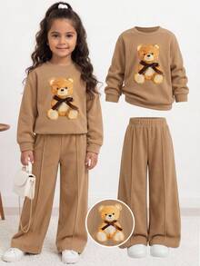 Young Girl Cartoon Print Long Sleeve Sweatshirt And Sweatpants Casual Daily Outfit Set Kids - Khaki - View 1