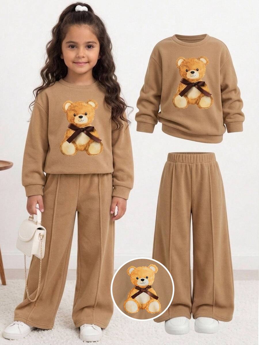 Young Girl Cartoon Print Long Sleeve Sweatshirt And Sweatpants Casual Daily Outfit Set Kids - Khaki - View 1