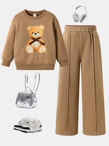 Young Girl Cartoon Print Long Sleeve Sweatshirt And Sweatpants Casual Daily Outfit Set Kids - Khaki - View 3