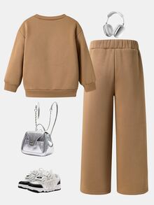 Young Girl Cartoon Print Long Sleeve Sweatshirt And Sweatpants Casual Daily Outfit Set Kids - Khaki - View 4