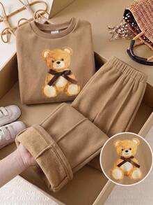 Young Girl Cartoon Print Long Sleeve Sweatshirt And Sweatpants Casual Daily Outfit Set Kids - Khaki - View 2