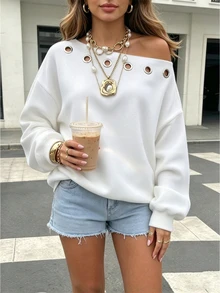 Veykashi Plus Size Women's Loose Off Shoulder Long Sleeve Sweatshirtfor Fall/Winter - White - View 5
