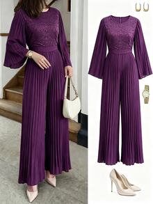 Modelyn Spring/Autumn Purple Round Neck Lace Patchwork Long Sleeve Slimming Pleated Wide Leg Women's Elegant Jumpsuit - Purple - View 4