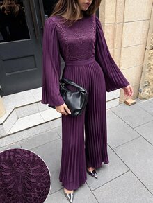 Modelyn Spring/Autumn Purple Round Neck Lace Patchwork Long Sleeve Slimming Pleated Wide Leg Women's Elegant Jumpsuit - Purple - View 5