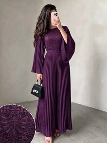 Modelyn Spring/Autumn Purple Round Neck Lace Patchwork Long Sleeve Slimming Pleated Wide Leg Women's Elegant Jumpsuit - Purple - View 1