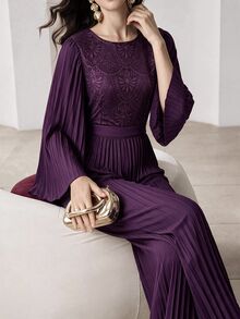 Modelyn Spring/Autumn Purple Round Neck Lace Patchwork Long Sleeve Slimming Pleated Wide Leg Women's Elegant Jumpsuit - Purple - View 2