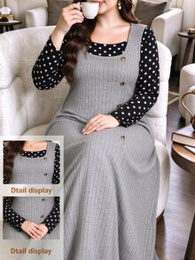 Seusyu 大尺碼女款寬鬆休閒 A 字方領長袖波點拼接鈕扣裝飾秋季長洋裝 - 灰色 - 查看 1