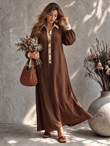 Ceyna Plus Size Women Minimalist Boho Casual Colorblock Lapel Long Sleeve Mid-Length Shirt Dress Fall Vacation Brown - Brown - View 4