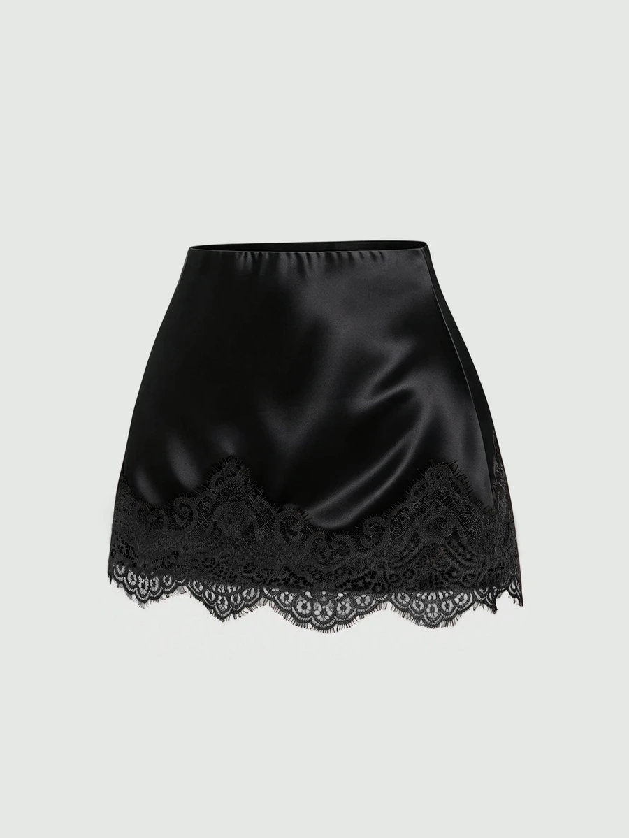 Sweetra Spring/Summer Fashion New Elegant Commute Contrast Lace Trim A-Line Romantic Girly Daily Streetwear Women's Blue Skirt - Black - View 1