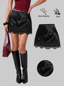 Sweetra Spring/Summer Fashion New Elegant Commute Contrast Lace Trim A-Line Romantic Girly Daily Streetwear Women's Blue Skirt - Black - View 3