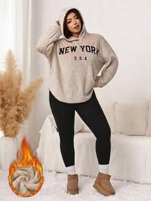 Comfylo Women Plus Size Hooded Letter Print Kindness Black Pants Two Pieces Set Winter Formal Home Wear Holiday Beige Streetwear Casual Anti Social - Multicolor - View 6