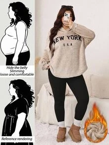 Comfylo Women Plus Size Hooded Letter Print Kindness Black Pants Two Pieces Set Winter Formal Home Wear Holiday Beige Streetwear Casual Anti Social - Multicolor - View 2