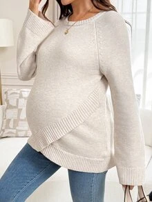 SHEIN Maternity Solid Color Casual Elegant Daily Long Sleeve Sweater Photoshoot Grey Fall - Khaki - View 6