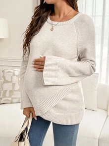 SHEIN Maternity Solid Color Casual Elegant Daily Long Sleeve Sweater Photoshoot Grey Fall - Khaki - View 10