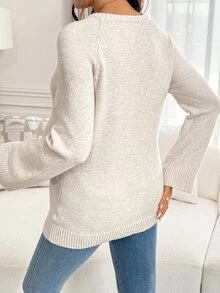 SHEIN Maternity Solid Color Casual Elegant Daily Long Sleeve Sweater Photoshoot Grey Fall - Khaki - View 4