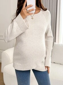 SHEIN Maternity Solid Color Casual Elegant Daily Long Sleeve Sweater Photoshoot Grey Fall - Khaki - View 8