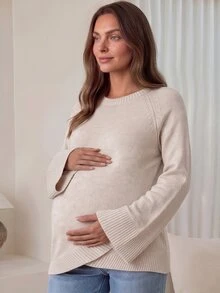 SHEIN Maternity Solid Color Casual Elegant Daily Long Sleeve Sweater Photoshoot Grey Fall - Khaki - View 3
