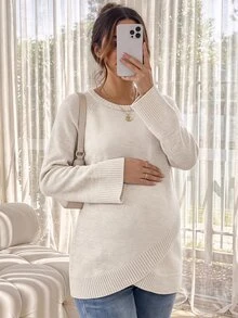 SHEIN Maternity Solid Color Casual Elegant Daily Long Sleeve Sweater Photoshoot Grey Fall - Khaki - View 2
