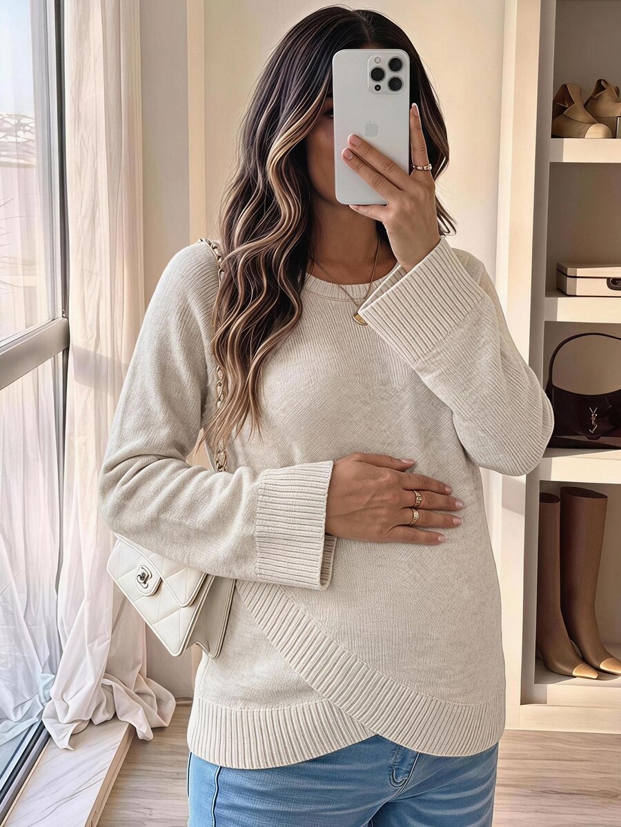 SHEIN Maternity Solid Color Casual Elegant Daily Long Sleeve Sweater Photoshoot Grey Fall - Khaki - View 1