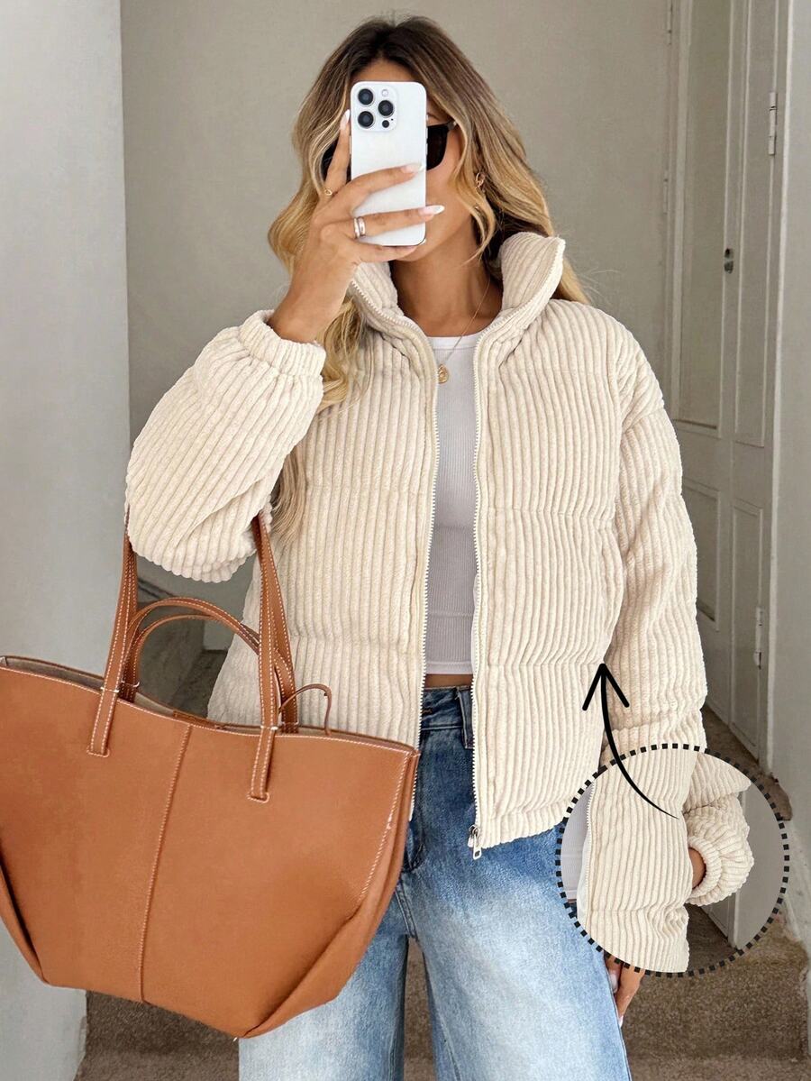SHEIN LUNE Plus Size Versatile Comfortable Long Sleeve Zipper Padded Coat For Vacation Holiday Club Homewear Going Out Cream Winter Casual Cargo Baggy - Beige - View 1