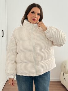 SHEIN LUNE Plus Size Versatile Comfortable Long Sleeve Zipper Padded Coat For Vacation Holiday Club Homewear Going Out Cream Winter Casual Cargo Baggy - Beige - View 9