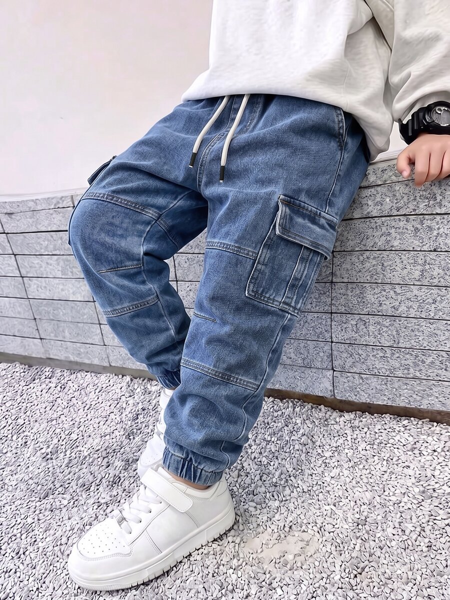 SHEIN Tween Boy Aqua Blue Denim Cargo Pants,Back-To-School Streetwear ...
