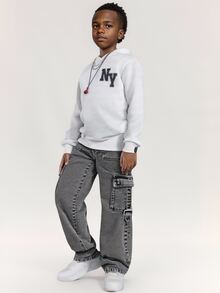 SHEIN Casuvi Kids 青少年男孩彈性腰街頭風休閒韓系街頭時尚多口袋側邊D型環裝飾深灰色牛仔工裝褲 秋季校園生日穿搭 - 黑色 - 查看 8