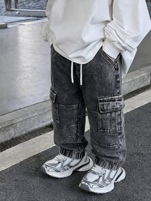 SHEIN Mirajuku 小男孩復古牛仔休閒街頭風多口袋寬鬆全鬆緊腰抽繩收口丹寧工裝褲 嬰兒藍 秋季 - 黑色 - 查看 3