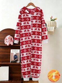 Tween Boy Flannel Pajamas Autumn/Winter Fleece Ribbed Zipper Hoodie Print Allover Christmas Reindeer Snowflake Sets - Red - View 5