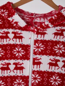 Tween Boy Flannel Pajamas Autumn/Winter Fleece Ribbed Zipper Hoodie Print Allover Christmas Reindeer Snowflake Sets - Red - View 6