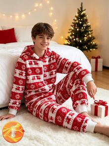 Tween Boy Flannel Pajamas Autumn/Winter Fleece Ribbed Zipper Hoodie Print Allover Christmas Reindeer Snowflake Sets - Red - View 3