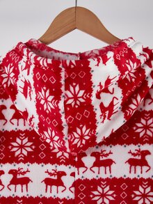 Tween Boy Flannel Pajamas Autumn/Winter Fleece Ribbed Zipper Hoodie Print Allover Christmas Reindeer Snowflake Sets - Red - View 9