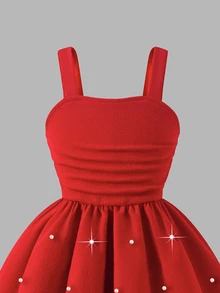 Girlss Bow Cardigan & Pearl Strap Princess Dress 2 Piece Set Outer Layer Is White Short Long Sleeve Cardigan With 4 Red Bows Inner Layer Is Red Strap - Red - View 6