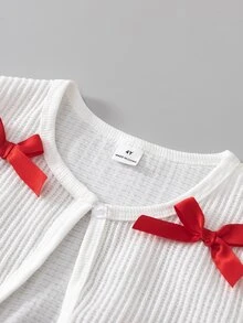 Girlss Bow Cardigan & Pearl Strap Princess Dress 2 Piece Set Outer Layer Is White Short Long Sleeve Cardigan With 4 Red Bows Inner Layer Is Red Strap - Red - View 5