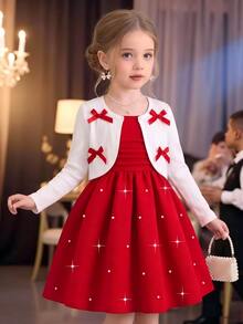 Girlss Bow Cardigan & Pearl Strap Princess Dress 2 Piece Set Outer Layer Is White Short Long Sleeve Cardigan With 4 Red Bows Inner Layer Is Red Strap - Red - View 3