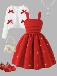Girlss Bow Cardigan & Pearl Strap Princess Dress 2 Piece Set Outer Layer Is White Short Long Sleeve Cardigan With 4 Red Bows Inner Layer Is Red Strap - Red - View 1