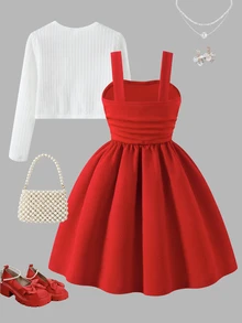 Girlss Bow Cardigan & Pearl Strap Princess Dress 2 Piece Set Outer Layer Is White Short Long Sleeve Cardigan With 4 Red Bows Inner Layer Is Red Strap - Red - View 2