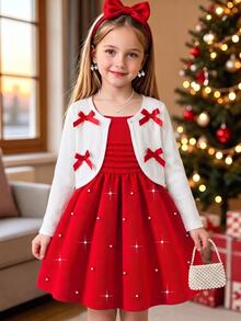 Girlss Bow Cardigan & Pearl Strap Princess Dress 2 Piece Set Outer Layer Is White Short Long Sleeve Cardigan With 4 Red Bows Inner Layer Is Red Strap - Red - View 7