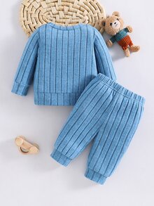 SHEIN 2件組韓式羅紋刷毛質感新生兒嬰兒卡通熊刺繡衛衣與長褲套裝，可愛時尚舒適俏皮修身長袖休閒嬰兒服 - 藍色 - 查看 2