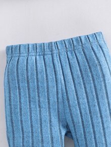 SHEIN 2件組韓式羅紋刷毛質感新生兒嬰兒卡通熊刺繡衛衣與長褲套裝，可愛時尚舒適俏皮修身長袖休閒嬰兒服 - 藍色 - 查看 7