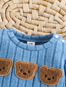 SHEIN 2件組韓式羅紋刷毛質感新生兒嬰兒卡通熊刺繡衛衣與長褲套裝，可愛時尚舒適俏皮修身長袖休閒嬰兒服 - 藍色 - 查看 6