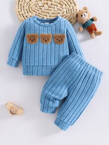 SHEIN 2件組韓式羅紋刷毛質感新生兒嬰兒卡通熊刺繡衛衣與長褲套裝，可愛時尚舒適俏皮修身長袖休閒嬰兒服 - 藍色 - 查看 4