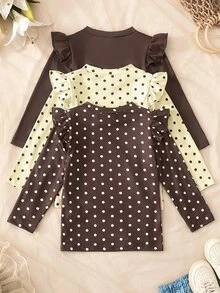 SHEIN 女童長袖上衣，3色可選：純色深色、黑色波點、深色波點，圓領荷葉袖，秋季嬰兒款 - 彩色 - 查看 3